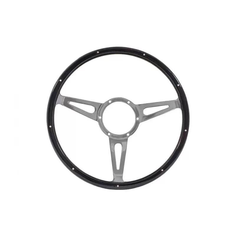 Classic 15" semi-domed steering wheel with riveted wood rim.